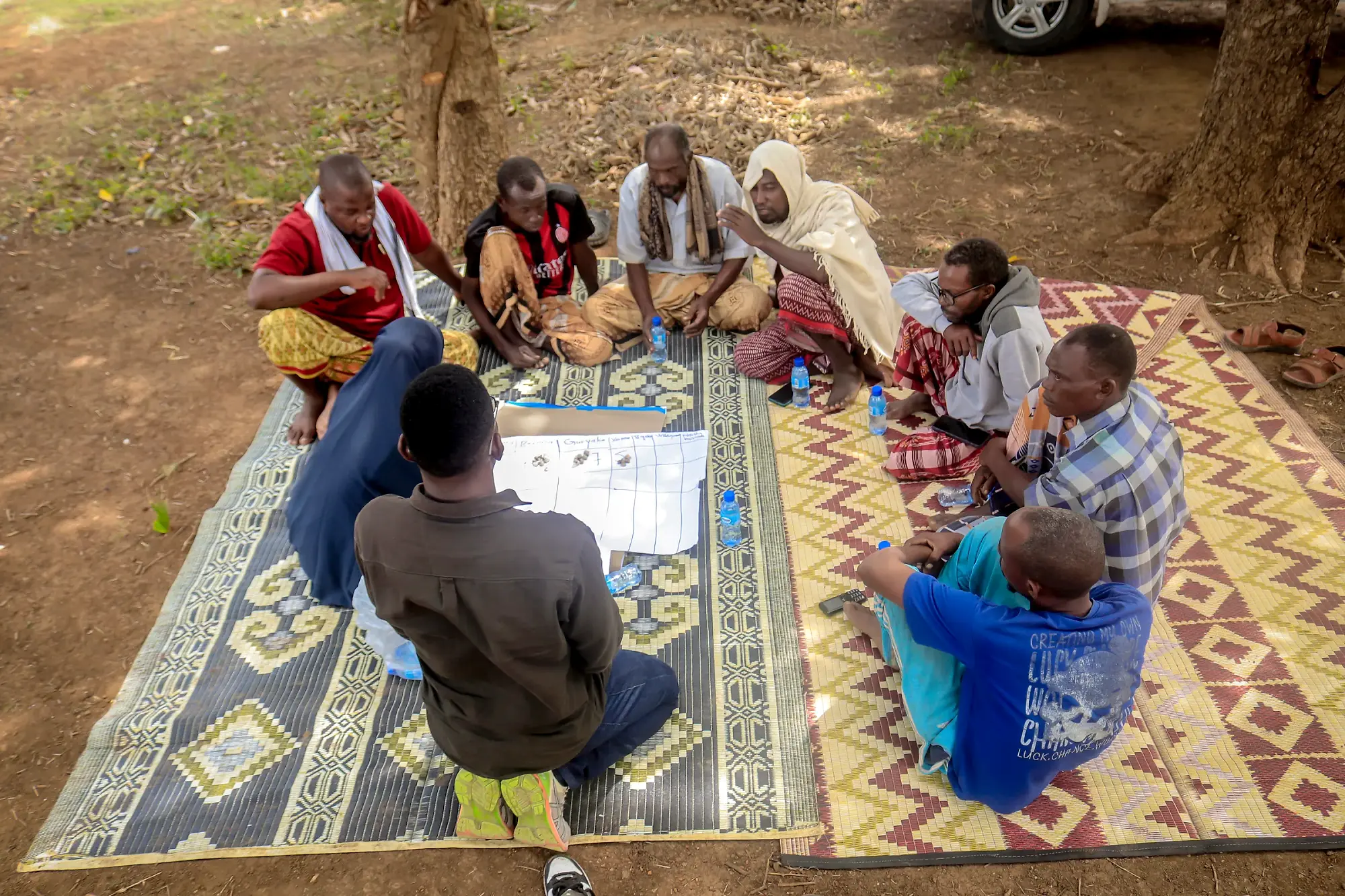 A group seated in a ring on mats, leaning over sheets of paper laid out between them.