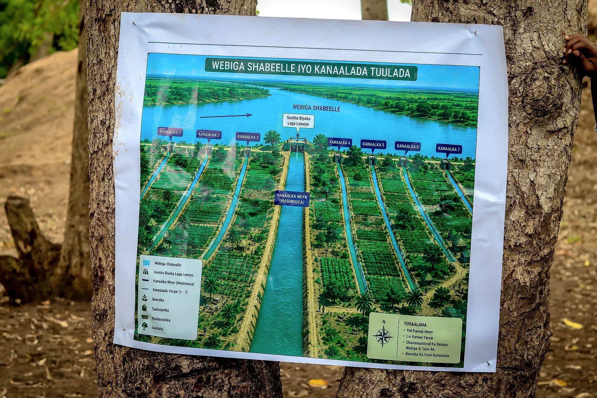 A large printed map headed Webiga Shabeelle iyo Kanaalada Tuulada, showing the river and the village canal network.