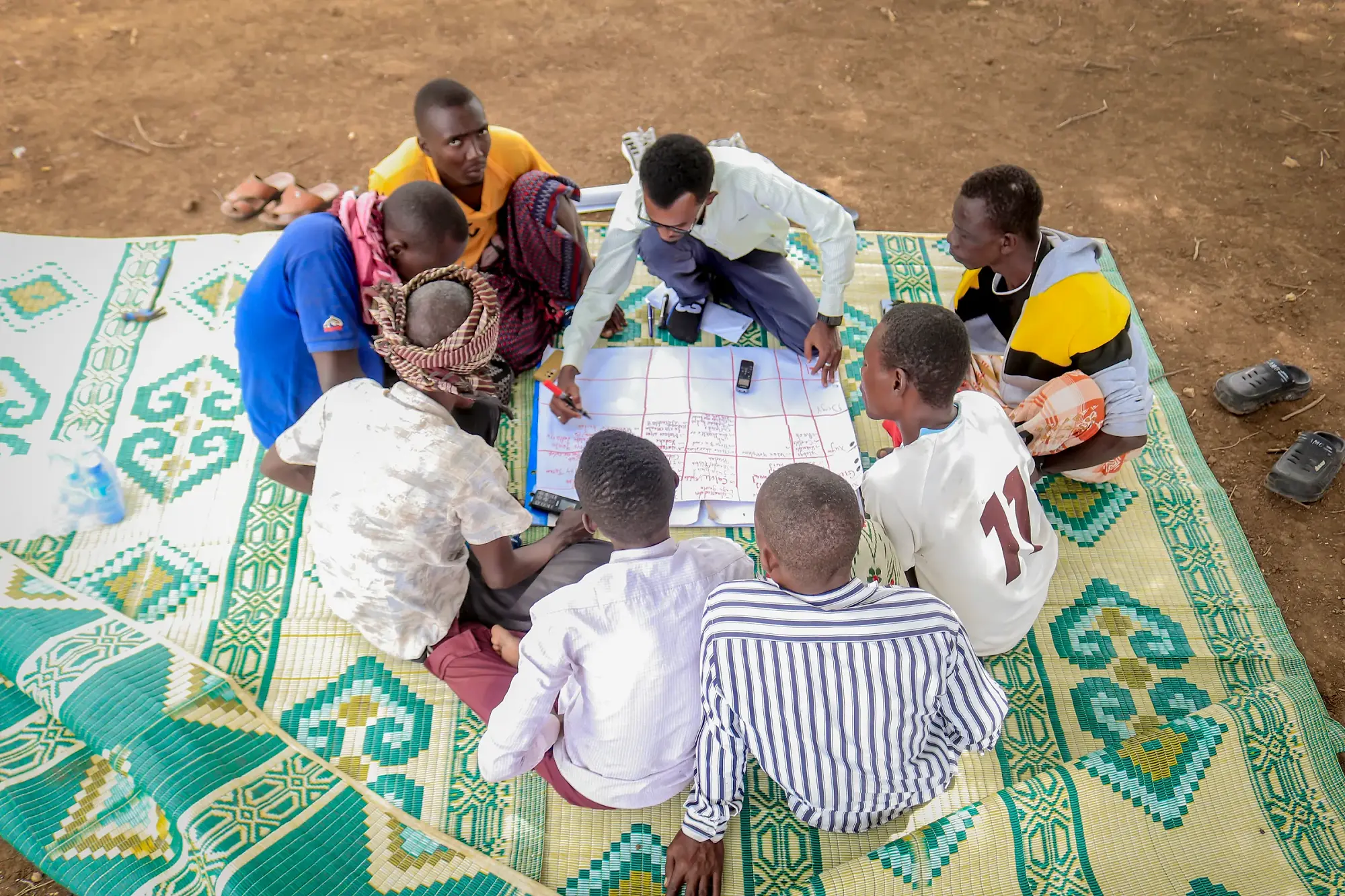Participants seated around a large grid drawn on paper on the mat, filling it in.