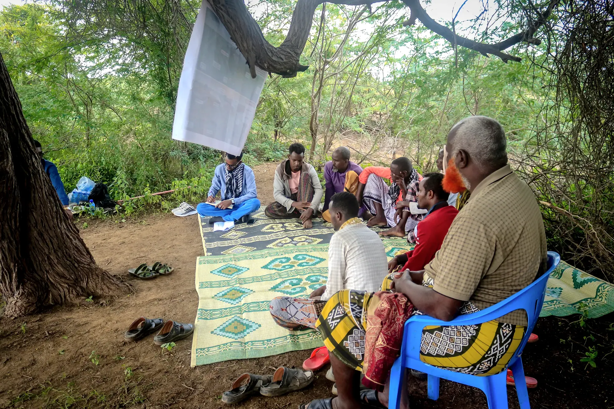 Participants seated on patterned mats on open ground with a flipchart sheet hanging from a branch above them.
